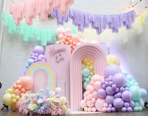 Alessia And Eve's Rainbow 1st Birthday ..🌸 Thank you to all who helped me put my very first styling Job together .. Styling / props /… | Instagram Rainbow Birthday Party Decorations, Rainbow Themed Birthday Party, Candy Theme Birthday Party, Rainbow Party Decorations, Pastel Birthday, Unicorn Themed Birthday Party, Rainbow Confetti, Pastel Balloons, Birthday Party Theme Decorations