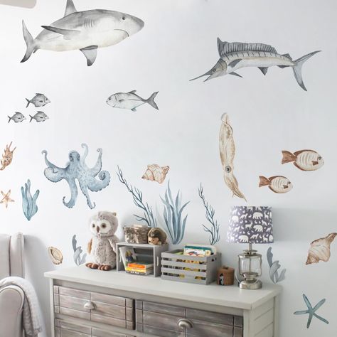 PRICES MAY VARY. Value Package:6 Sheets.Finish size on wall:250*200 cm/78.74*78.74 inch.Since this wall sticker is composed of multiple animal stickers, the size of the special mask is irregular, depending on the actual received goods. In order to facilitate transportation, we made a scroll shape, which needs to be paved before pasting. Diverse Styles: Large size Marine animal stickers, whales, sharks, shells, octopus, starfish, coral and other components, colorful, beautiful and realistic, very Wall Decals For Nursery, Shark Nursery, Ocean Themed Bedroom, Ocean Themed Nursery, Whale Decor, Sea Nursery, Nursery Stickers, Kids Room Murals, Ocean Nursery