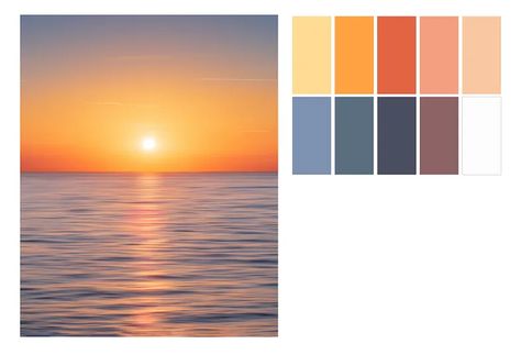 Seashore Sunrise colour palette. In an attempt to try surface pattern… | by Joy Phillips | Medium Sunrise Color Palette, Make A Color Palette, Sunrise Colors, Colour Scheme, The Colour, New Room, Surface Pattern, Colour Palette, Color Me