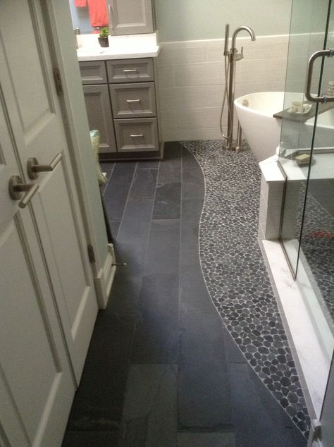 Slate and river rock master bath flooring Black Rock Shower Floor River Stones, White River Rock Shower Floor, Riverstone Bathroom Floor, Pebble Floor Shower Ideas Farmhouse, Stone Pebble Shower Floor, River Rock Tile Shower Floor, Rock Floor Bathroom, Pebble Shower Floor River Rocks, Slate Master Bath