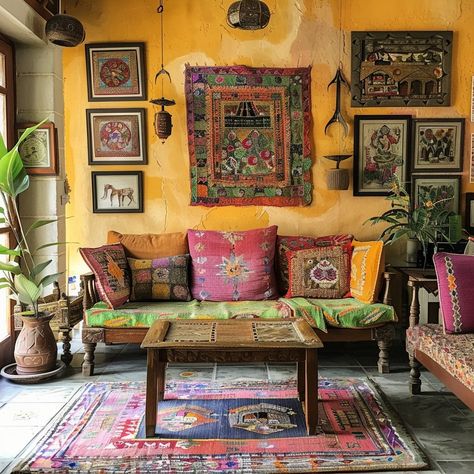 Indian Eclectic Interiors, Rustic Indian Home Decor, India Home Decor Ideas Indian Style, Indian Rental Home Decor, Indian Interior Decor, Indian Traditional Interior, Indian Maximalist, Pakistani Home Decor, Desi Home Decor