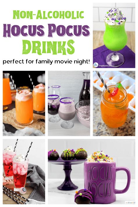 Hocus Pocus Non Alcoholic Drinks, Addams Family Drinks, Hocus Pocus Movie Night Dinner, Hocus Pocus Drink Ideas, Hocus Pocus Mocktail, Summerween Movie Night, Hocus Pocus Themed Drinks, Hocus Pocus Punch For Kids, Hocus Pocus Drinks For Kids