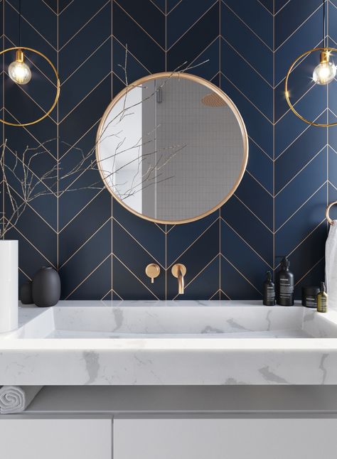 Drømme Bad, Makeover Kamar Mandi, Bilik Air, Modern Bathroom Remodel, Mid Century Modern Bathroom, Vinyl Decor, Basement Bathroom, Blue Bathroom, Stylish Bathroom