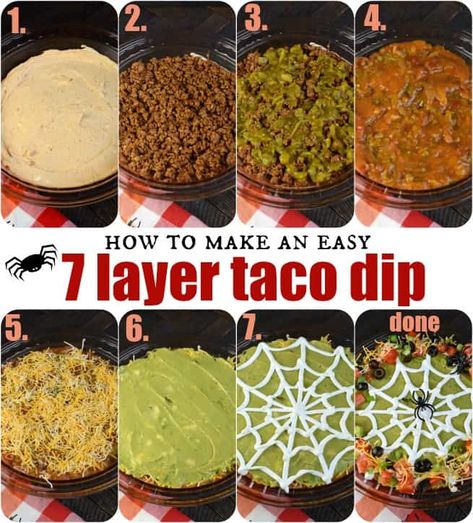 Appetizer Halloween, Halloweenpyssel Barn, Layer Taco Dip, 7 Layer Taco Dip, Halloween Dip, Halloween Potluck, Taco Dip Recipe, Layered Taco Dip, Halloween Party Appetizers