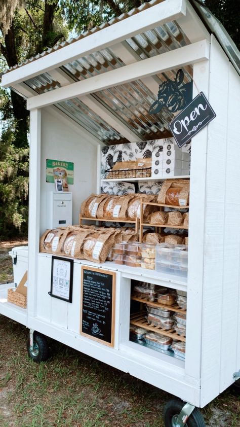 Instagram Bakery Trailer Ideas, Pastry Pop Up Booth, Self Serve Bakery Stand, Sourdough Bakery Shop, Road Side Bakery Stand, Mobile Bakery Ideas, Bakery Market Display, Bakery Shed, Bakery Cart Ideas