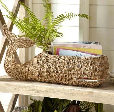 Moby Whale Basket | Stylish Storage or Cachepot | Shop the Look: http://www.completely-coastal.com/2015/11/moby-whale-basket.html Coastal Baskets, Whale Room, Whale Basket, Beach Farmhouse, Nautical Bedding, Whale Theme, Whale Decor, Nautical Accessories, Furniture Classic