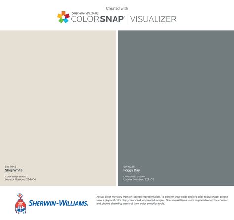 Foggy Day Sherwin Williams, Sherwin Williams Foggy Day, Contented Sherwin Williams, Shoji White, Rustic Farmhouse Living Room, Foggy Day, Sherwin Williams Colors, Color Chip, Farmhouse Living