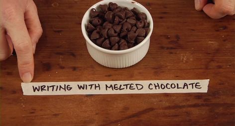 A very cool way to personalize anything with melted chocolate—no pastry bag needed. (And no clean-up, either.) Here's writing with melted chocolate. Writing Chocolate Recipe, Writing Icing Recipe, Cake Decorating Writing, Chocolate Video, Cake Mix Muffins, Chocolate Videos, Chocolate Letters, Cake Writing, Mom Needs