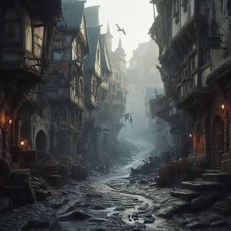 Victorian Slums, Crowns Of Nyaxia, Fantasy Buildings, Viking Medieval, Fantasy Town, Medieval Era, Scifi Fantasy Art, Dark City, Landscape Photography Nature