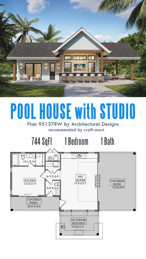 Whether you need a new pool house, a mother-in-law suite, a home office, or a man/woman cave, this is a perfect pre-made plan to meet all your needs. This pool house plan has a 16' by 8' glass garage door that connects the vaulted rec room with bar to the covered patio on the side. A studio has its own full bath and laundry room with sliding doors that open to the covered patio. Pool House With Bunk Room, Man Cave Pool House, Mother In Law Pool House, Pool House With Office, Modern Pool House Interior, Pool With Pool House Backyard Designs, Garage With Pool House, Pool House Mother In Law Suite, Pool House Layout Ideas