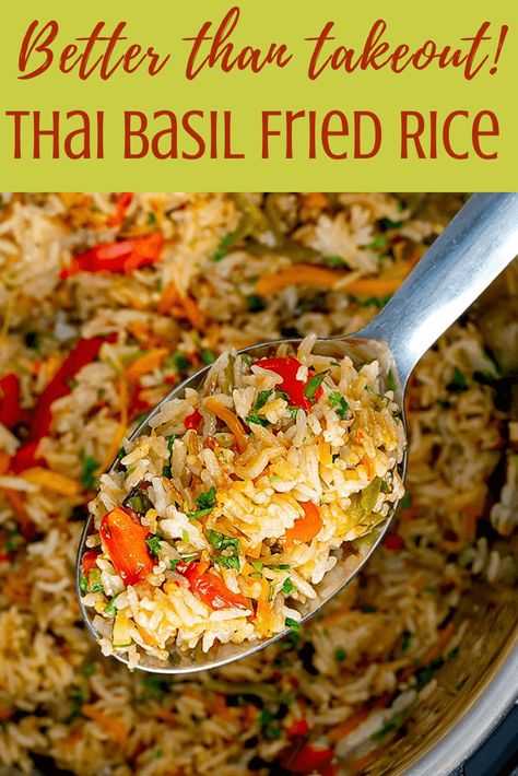 Thai Rice Recipes, Thai Basil Recipes, Thai Basil Fried Rice, Fried Rice Vegan, Basil Fried Rice, Thai Fried Rice, Vegetarian Oyster Sauce, Rice Side Dish Recipes, Savory Rice