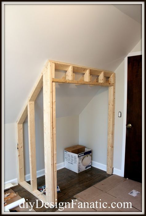 diy Design Fanatic: STEALING FLOOR SPACE TO BUILD A CLOSET Closet Ideas For Attic Bedroom, Built In Attic Closet, Closet In Bonus Room, Frame A Closet Diy, Attic Entertainment Room Ideas, Adding Closet To Bonus Room, Attic Turned Into Closet, Bonus Room Closet Ideas, Build A Closet In A Room