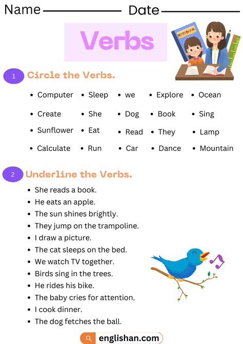 Verbs Worksheets in English - Circle the Verbs English Grammar Class 1, Verbs Worksheet Class 4, Action Verbs Worksheet Grade 3, English Verbs Worksheets, Verb 1 Verb 2 Verb 3, Verbs Grade 2, Verb Worksheets Grade 2, Verbs For Grade 1, Verb Worksheets For Grade 1