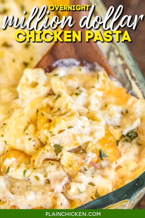 Overnight Million Dollar Chicken Pasta - a new family favorite! Just dump everything in the dish and refrigerate overnight. No boiling the noodles. They will soften overnight and be cooked to perfection in the finished dish. Chicken, cream of chicken, cream of mushroom, milk, chicken broth, onion, garlic, elbow macaroni, cottage cheese, cream cheese, mozzarella, and parmesan. Million Dollar Chicken Pasta, Creamy Chicken Pasta Bake, Million Dollar Chicken, Chicken Pasta Casserole, Chicken Casserole Easy, Chicken Noodle Casserole, Main Dish Casseroles, Creamy Chicken Pasta, Chicken Pasta Bake