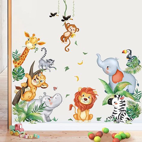 Jungle Wall Stickers Nursery Room, Safari Baby Room, Jungle Nursery Art, Baby Room Wall Stickers, Room Murals, Nursery Elephant, Nursery Door, Clinic Interior, Stick Wall Art