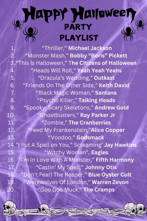 Spooky Music, Halloween Playlist For Your Next Party, Top Halloween Songs, Best Halloween Playlist Spotify Playlist Covers Aesthetic Halloween, Clean Party Songs, Halloween Song Playlist, Spooky Playlist Names, Halloween Party Itinerary, Halloween Playlist Ideas, Halloween Program Ideas, Halloween Songs Playlists, 2000s Halloween Party