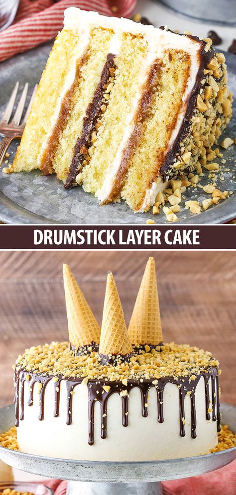 Drumstick Cake, Drumstick Ice Cream, Moist Vanilla Cake, Chocolate Ganache Filling, Tasty Cake, Chocolate Drip Cake, Caramel Buttercream, Layer Cake Recipes, Smooth Cake