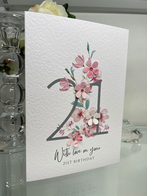 This beautiful handmade card is A5 and printed on 300gsm hammered card. It is designed and decorated by myself or one of a small team of helpers, in a little workshop, in the busy market town of Hessle, located in the East Riding of Yorkshire. Thank you for taking the time to look  Bev 25th Birthday Cards For Her, Stampin Up 21st Birthday Cards Female, 21st Cards Handmade, 21st Birthday Cards Female Handmade, Diy 21st Birthday Cards, 21st Birthday Card Ideas, Cherry Blossom Card, Happy 21st Birthday Cards, Flowers Cherry Blossom