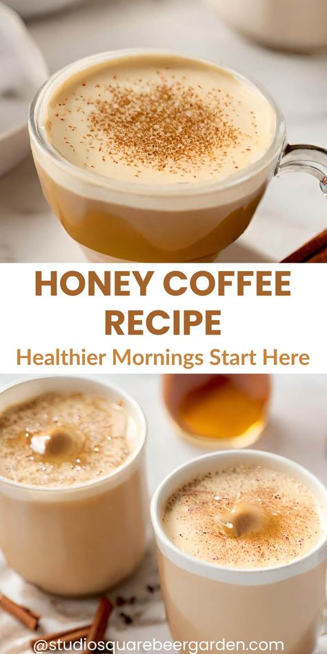 Honey Coffee recipe Mct Coffee Recipe, Espresso Coffee Drink Recipes, Homemade Coffee Flavoring, Healthy Expresso Recipes, Homemade Hot Coffee Drinks, Coffee Recipes Espresso, Coconut Oil Honey Cinnamon Coffee, Different Kinds Of Coffee Drinks, Gourmet Coffee At Home