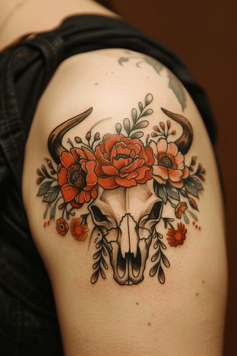 Cow Skull Tattoo with Flowers: Top Ideas and Designs Cow Skull Tattoo Traditional, Bull Skull Tattoo Chest, Feminine Bull Tattoo, Nm Tattoo, Cattle Skull Tattoo, Cow Skull Tattoo Flowers, Mexican Tattoo For Women, Bull Skull Tattoo With Flowers, Western Floral Tattoo