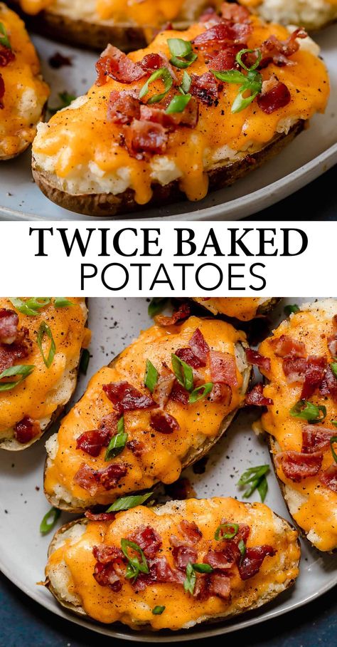 Twice Baked Potatoes - these are one of the ultimate side dish recipes! They're seriously comforting, extra cheesy, deliciously creamy, mashed potato loaded, hearty stuffed potato skins and they never disappoint! A family favorite recipe! Side Dishes Potatoes, Side Dishes For Ribs, بطاطس مهروسة, Burger Side Dishes, Side Dishes For Salmon, Steak Side Dishes, Side Dishes For Chicken, Baked Potato Recipes, Potato Recipes Side Dishes