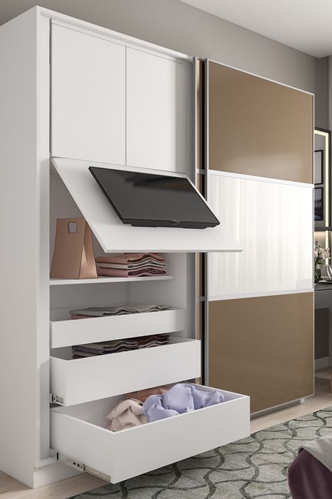 Sliding Wardrobe Design For Bedroom With Hidden TV Unit Tv On Cupboard, Sliding Wardrobe With Tv Unit, Built In Closet Wall Bedroom With Tv, Tv On Wardrobe Door, Tv Unit With Wardrobe Master Bedrooms, Wardrobe With Tv Unit Master Bedrooms, Sliding Wardrobe With Loft, Small Loft Apartment Ideas, Bedroom Wardrobe Design Sliding Doors