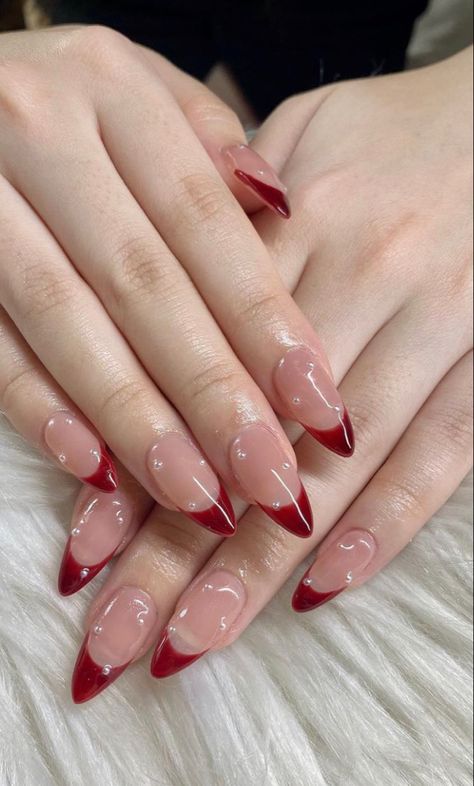 Red Almond Nails With Pearls, Red French Tip Nails Almond With Pearls, Burgundy Nails With Pearls, Red French Nails With Pearls, Red French With Pearls, Red French Tips With Pearls, Red Nails Pearls, Red French Tip Nails With Pearls, Glittery Red French Tip Nails