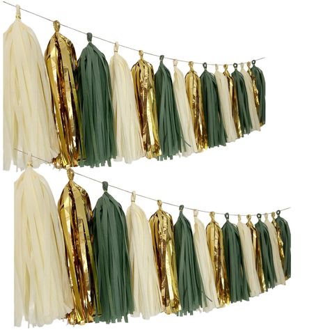 PRICES MAY VARY. EASY TO DIY:All tassels haven't assembled to ensure the tassels is new when you get it and you can DIY personally. EASY ASSEMBLY REQUIRED - Simply follow our instruction guide on how to assemble the tassels. Once you get the hang of assembling them, they assemble pretty quickly! Quantity: 20 tassels,one color 5 sheets,34cm long for each tissue tassles.It come with 20 tassels , a piece of jute twine and instruction. Colors:white,ivory,teal green and gold mylar Occasion: new arriv Gold And Green Balloon Arch, Green And Gold Christmas Party Decor, Green And Gold Photo Backdrop, Succulent Theme Party Decor, Sweet Sixteen Party Color Schemes, Green Gold And Brown Party Decor, Emerald Green And Gold Graduation Party, Nature Decorations Party, Plant Birthday Party Decorations