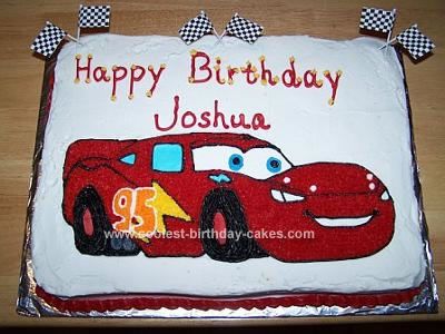 Homemade Lightning McQueen Cake: This Lightning McQueen Cake was for my son's 7th birthday party. I used a 1/2 sheet cake pan for this, then outlined the character on the top. It was filled Lightning Mcqueen Birthday Cake, Disney Cars Cake, Lightning Mcqueen Cake, Toddler Birthday Cakes, Mcqueen Cake, Cars Birthday Cake, Coolest Cars, Disney Birthday Cakes, Disney Cars Birthday