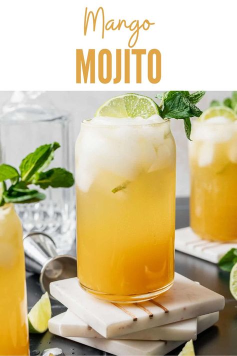 This mango mojito is going to be your go-to cocktail in the heat of summer. It's made with fresh mango, mango juice, and a few other staple ingredients. All you need is 10 minutes, and you can be sipping on this cool, alcoholic cocktail in no time. Mango Juice Cocktail Recipes, Mango Nectar Recipes, Mango Juice Cocktail, Walsh Family, Malibu Cocktails, Mango Cocktail, Mango Mango, Gold Rum, Mango Drinks