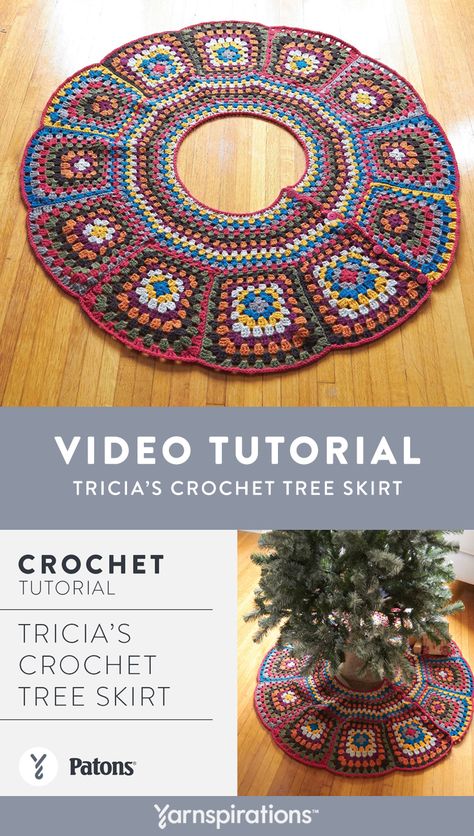 Free Crochet Tree Skirt Pattern | If you've created a rustic mood in your holiday home, this granny square tree skirt it the ideal embellishment. Patons Classic Wool Worsted lets you complete a warm looking piece in shades to complement the traditional look of any home. Happy holidays! #yarnspirations #patonsclassicwool #crochet #crochetpatterns #homedecor #holidaydecor Craft Christmas Tree Decorations, Granny Square Tree Skirt Free Pattern, Tree Skirt Pattern Crochet, Granny Square Christmas Tree Skirt, Crocheted Tree Skirt, Crochet Christmas Skirt, Crochet Christmas Tree Skirt Pattern Free, Tree Skirt Crochet Pattern Free, Crochet Tree Skirt Pattern Free