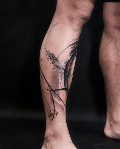 Noir | Abstract brushstrokes on Jeremy, Thank you! | Instagram Abstract Leg Tattoo, Abstract Tattoo Men, Mens Leg Tattoo, Polka Tattoo Designs, Line Tattoo Arm, Trash Polka Tattoos, Back Of Leg Tattoos, Trash Polka Tattoo Designs, Abstract Tattoos