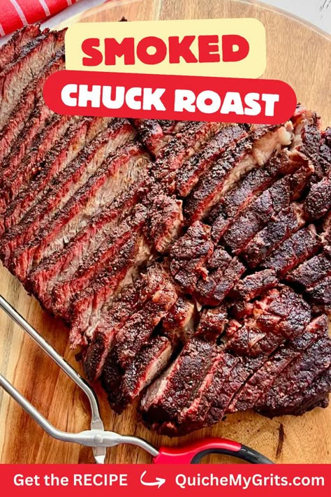 A smoked chuck roast that has been sliced on a wooden board. Smoked Beef Roast, Beef Chuck Steaks, Traeger Cooking, Pellet Smoker Recipes, Smoked Chuck Roast, Traeger Grill Recipes, Chuck Roast Recipes, Grilled Beef Recipes, Grilled Roast