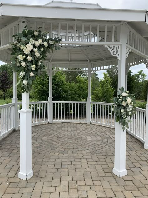 Wedding Flowers On Gazebo, Outdoor Wedding Ceremony Gazebo Floral Arch, Flowers On Gazebo Wedding, Ceremony Gazebo Decorations, Simple Wedding Gazebo Decor, Wedding Flowers Gazebo, Gazebo Ceremony Decor, Gazebo Wedding Flowers, Gazebo Flowers Wedding