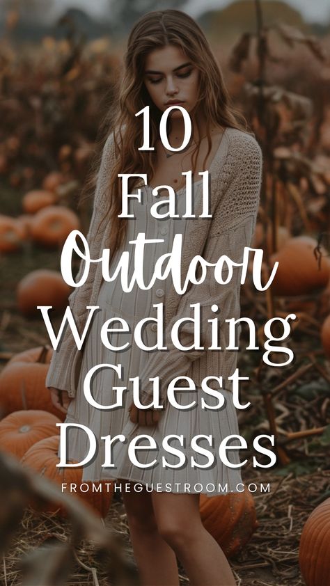 a woman wears fall outdoor wedding guest dress Fall Maxi Dresses To Wear To A Wedding, Plus Size Outdoor Wedding Guest Outfit, Dresses For Fall Outdoor Wedding Guest, Bridal Bonfire Outfit, Fall Dress Outfit Wedding, Fall Outdoor Event Outfit, What To Wear To A Ranch Wedding, Casual Mother Of The Groom Dresses Fall, Outdoor Wedding Dress Ideas Guest