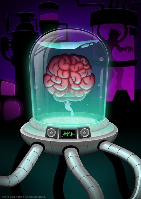 Skull In A Jar, Brain Monster, Brain In A Jar, Brain Cartoon, Head In A Jar, Future Technology Concept, Brain Art, Jar Art, Futuristic Art