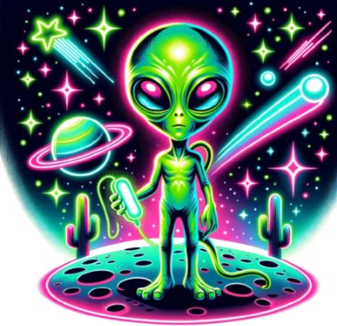 Illustration in an airbrush style, featuring an alien character with vibrant green skin and big, luminous eyes. The alien stands on a planet surface, holding a gadget. In the backdrop, shooting stars, galaxies, and other cosmic elements shine brightly. Blast off into space with this fun and unique intergalactic alien cactus design featuring an Ufo. Perfect for space enthusiasts, sci-fi fans, and anyone who loves a good adventure. This product makes a great present for birthdays, holidays, or any Planet Surface, Moon Stars Art, Alien Patterns, Trippy Iphone Wallpaper, Alien Artwork, Birthday Painting, Whimsical Art Paintings, Trippy Designs, Arte Alien