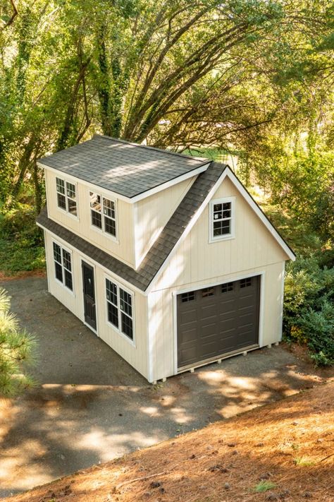 An Amish-made two-story garage. Amish Sheds, Garage Builders, Updating House, She Shed, Detached Garage, Shed Storage, Backyard Landscaping Designs, Pool House, Worth It