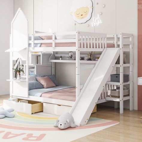 PRICES MAY VARY. 💕【Playhouse Inspired】We offer two different color schemes. Which you can chose most suitable color matching your bedroom design.With unique design bed create a fun and adorable space that not only serves as a comfortable sleeping area but also double as a space for you to study and work. 💕【Castle Style Bunk Bed】 This bed featuring fence shaped appearance, this unique design bed will be the focus in bedroom when friends coming by.This bed brings rich rural life style to bedroom Bunk Bed For Girls, Castle Bunk Bed, Bunk Beds With Slide, Princess Bunk Beds, Storage Staircase, Girls Bunk Beds, Solid Wood Bunk Beds, Low Bunk Beds, House Bunk Bed