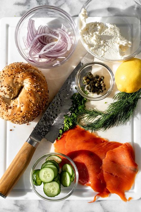 Chopped Salmon Bagel - Cooking with Cocktail Rings Chopped Lox Bagel, Smoked Salmon Bagel Recipe, Chopped Bagel Sandwich, Bagel Lunch Ideas, Chopped Bagel, Chopped Italian Sub, Viral Food Recipes, Focaccia Sandwiches, Bagel Board