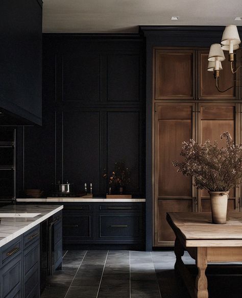 Panelled Kitchen, Moody Kitchen, Reclaimed Wood Door, Dark Home, Dark Interiors, World Of Interiors, Black Kitchens, How To Decorate, Black Walls