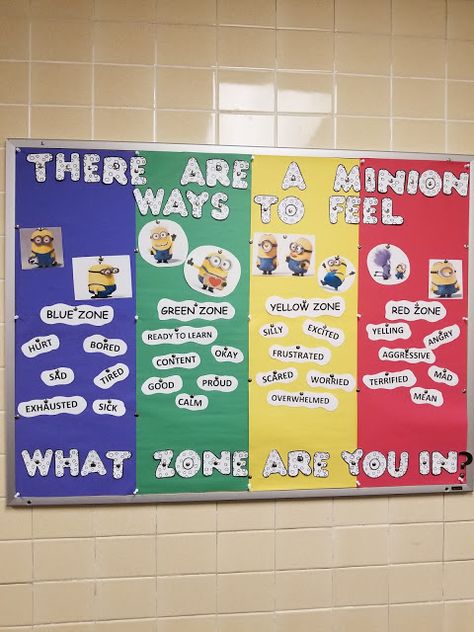 Elementary School Counselors Corner: Minion Zones of Regulation Display Zones Of Regulation Display, Social Work Offices, School Counseling Office, Zones Of Regulation, Preschool Fall, Elementary School Counselor, School Social Worker, Preschool Bulletin Boards, Elementary Counseling