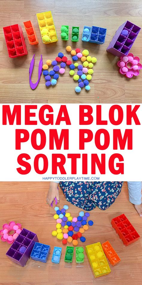 Mega Blok Pompom Sorting - HAPPY TODDLER PLAYTIME Colour Sorting Activities, Sorting Activities For Toddlers, Halloween Games For Toddlers, Sorting Colors, Color Sorting Activities, Cognitive Activities, Preschool Colors, Toddler Education, Motor Skills Activities