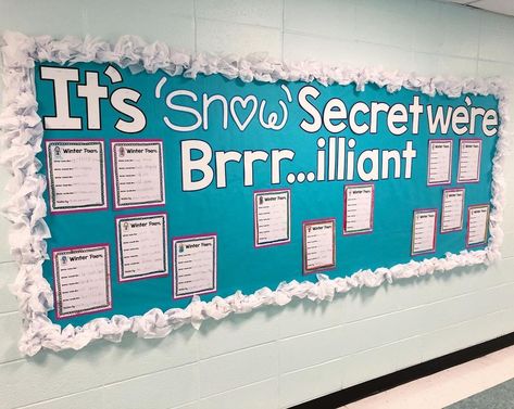 Andrea on Instagram: “I finally got my winter bulletin board up! ❄️ We usually make coffee filter tie-dye snowflakes to go along with their winter poems but the…” 3d Snowman Bulletin Board, Winter Science Bulletin Boards, Winter Writing Bulletin Boards, Bulletin Boards For Winter, Winter Elementary Bulletin Boards, Snow Flake Bulletin Board Ideas, Winter Bulletin Board Kindergarten, Winter School Bulletin Board Ideas, Let It Snow Bulletin Board Ideas