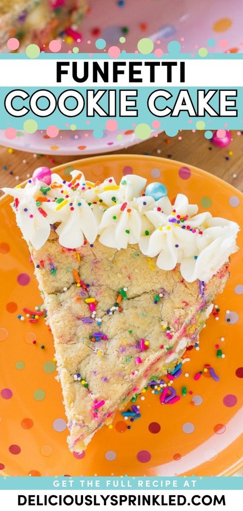 A holiday baking recipe with a sugar cookie base! Made with white chocolate chips, sprinkles, and buttercream frosting, this Funfetti Cookie Cake is delicious. Celebrate the season with this easy Thanksgiving sweet treat and simple Christmas dessert! Funfetti Cookie Cake, Mini Cookie Cake, Easter Dessert Ideas, Sugar Cookie Cake, Easter Sweet Treats, Easter Cookie Cake, Easy Cakes To Make, Funfetti Cookies, Sugar Cookie Cakes