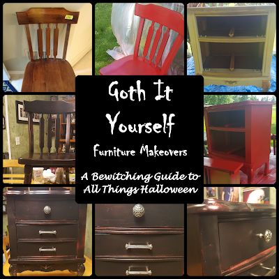 A Bewitching Guide to All Things Halloween: Goth It Yourself Furniture Makeovers Gothic End Table Diy, Diy Goth Furniture Makeover, Goth Diy Furniture, Easy Diy Gothic Decor, Dark Cottagecore Furniture, Gothic Upcycle Furniture, Diy Gothic Furniture, Gothic Furniture Diy Ideas, Diy Goth Furniture