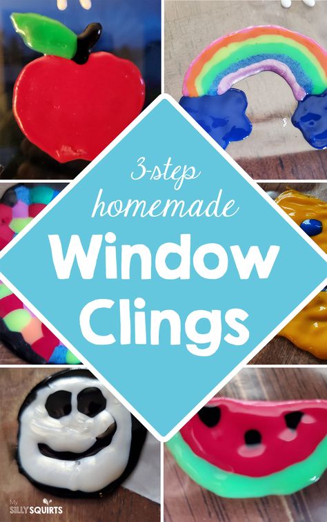 DIY window clings for kids in simple three steps - My Silly Squirts Diy Window Gel Clings, Elmers Glue Window Clings, Diy Window Clings For Kids, Easy Craft Projects For Kids, Diy Window Stickers, Glue Window Clings, Window Cling Crafts, Take And Make Crafts, Window Activities