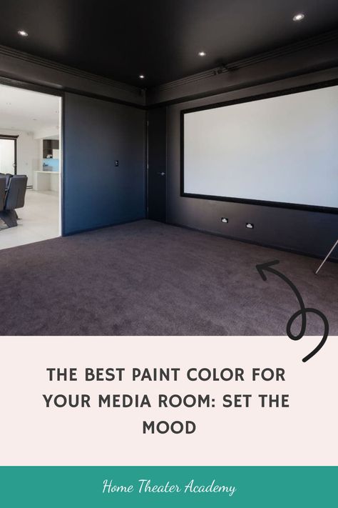 A dark-painted media room with a large screen, promoting the best paint color for home theaters. Home Theatre Paint Colors, Theater Room Wall Color Ideas, Home Theater Color Schemes, Movie Room Color Ideas, Theater Room Colors, Theatre Room Paint Colors, Game Room Paint Colors, Movie Room Ideas Small Home Theaters, Movie Room Ideas Small