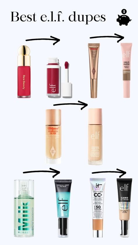 Best dupes from e.l.f. Cosmetics Makeup Duplicates, Makeup List, Affordable Makeup, Makeup Swatches, Kiss Makeup, Makeup For Beginners, Makeup Essentials, Aesthetic Makeup, Makeup Trends