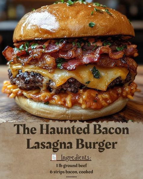 **The Haunted Bacon Lasagna Burger** 🥓🍔🧀👻 Picture this: a dark and stormy night, the wind howling outside as you prepare to sink your teeth into something *truly unforgettable*... Meet the **Haunted Bacon Lasagna Burger**, where each bite is a thrilling combination of crispy bacon, rich lasagna noodles, and juicy beef, wrapped in the comforting warmth of cheese and marinara. It's not just a meal, it's a *journey*—one that will have your taste buds haunted by its deliciousness long after th... Lasagna Burger, Bacon Lasagna, Loaded Burger, Dark And Stormy Night, Food Burger, Dark And Stormy, Lasagna Noodles, Bacon Burger, Cheese Burger